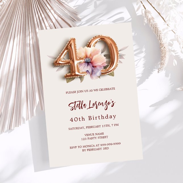 White gold peach floral beige 40th birthday invitation (Creator Uploaded)