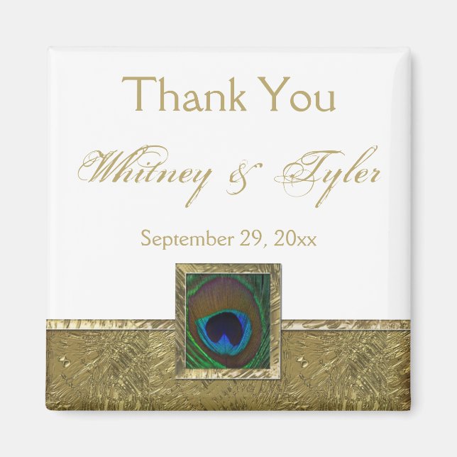 White, Gold Peacock Feather Wedding Favour Magnet (Front)