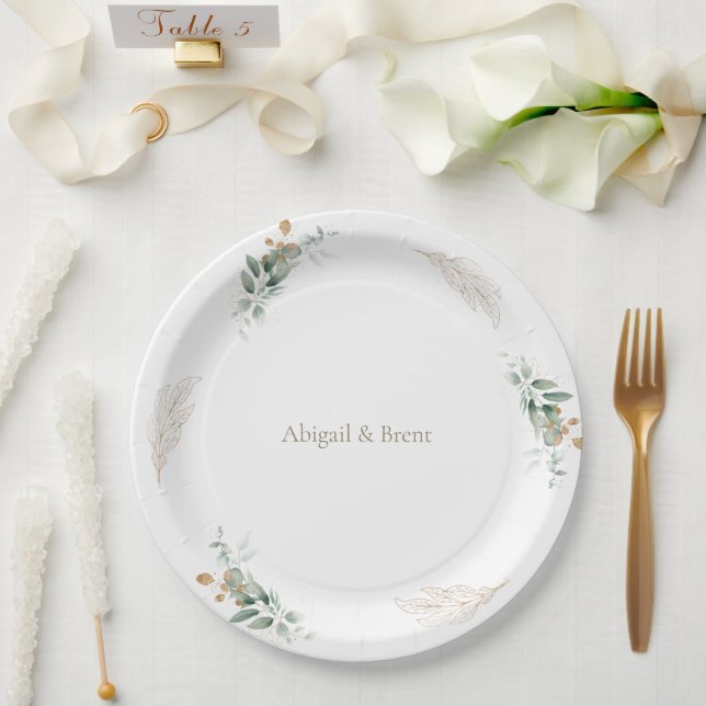 White & Gold Personalised Foliage Wedding Paper Plate (Wedding)