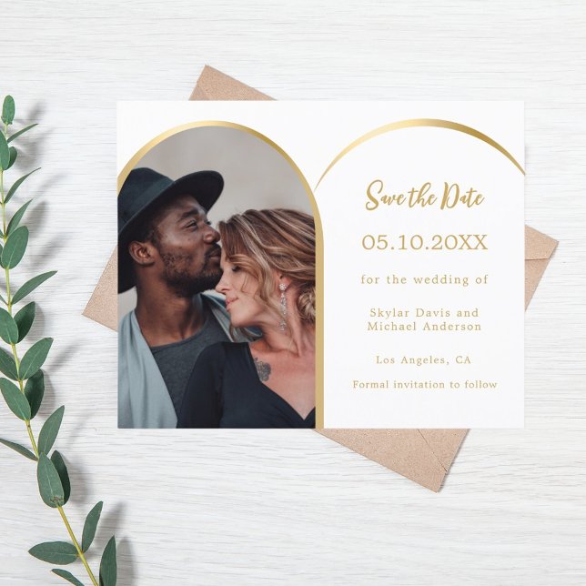 White gold photo arch wedding Save the Date card (Creator Uploaded)