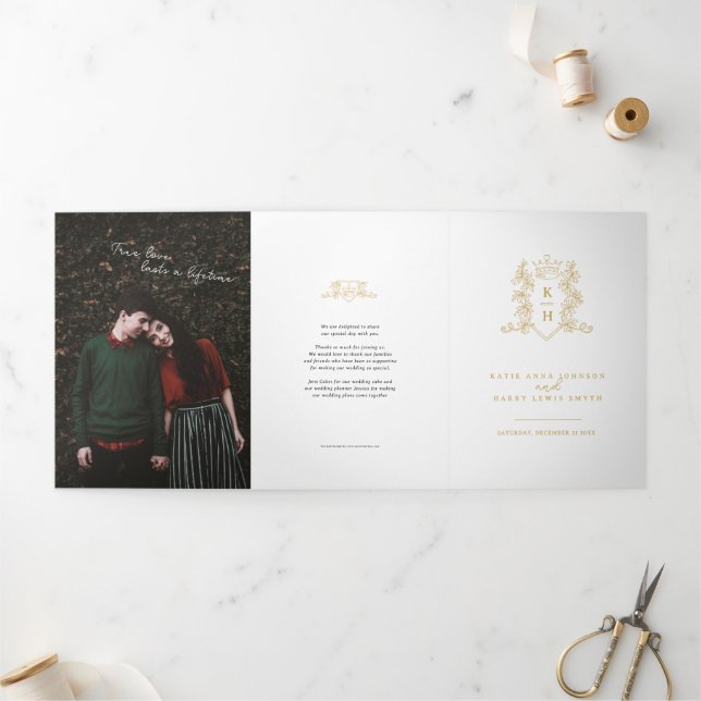 White gold photo crown monogram wedding Tri-Fold programme (Outside)