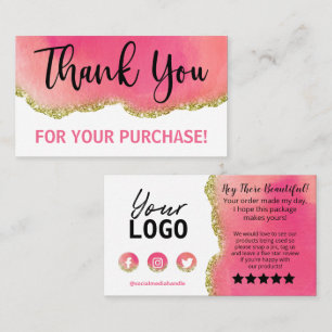 White Gold Pink Agate Thank You Purchase Business Card