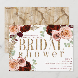 White Gold Pink Burgundy Roses Bridal Shower Invitation