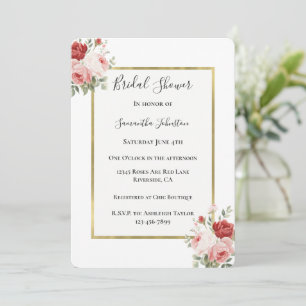 White Gold Pink Red Roses Floral Bridal Shower Invitation