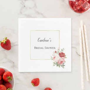 White Gold Pink Red Roses Floral Bridal Shower Napkin