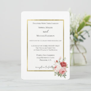 White Gold Pink Red Roses Floral Wedding Invitation
