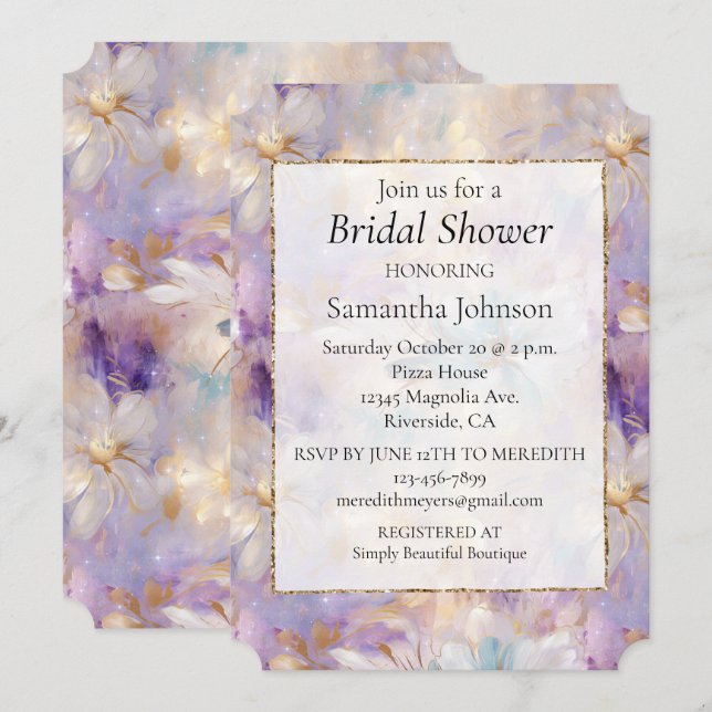 White Gold Purple Blue Feminine Floral Invitation (Front/Back)