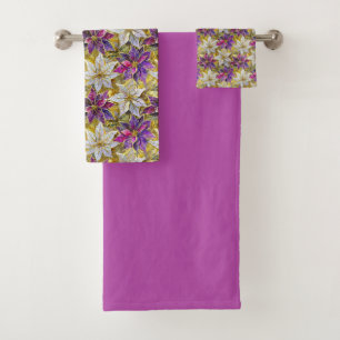 White Gold Purple Pink Christmas Poinsettias Bath Towel Set