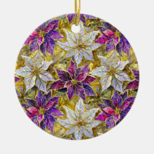White Gold Purple Pink Christmas Poinsettias Ceramic Ornament