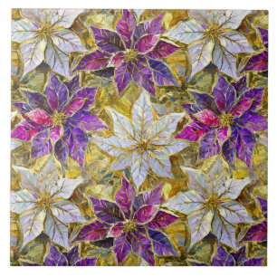 White Gold Purple Pink Christmas Poinsettias Ceramic Tile