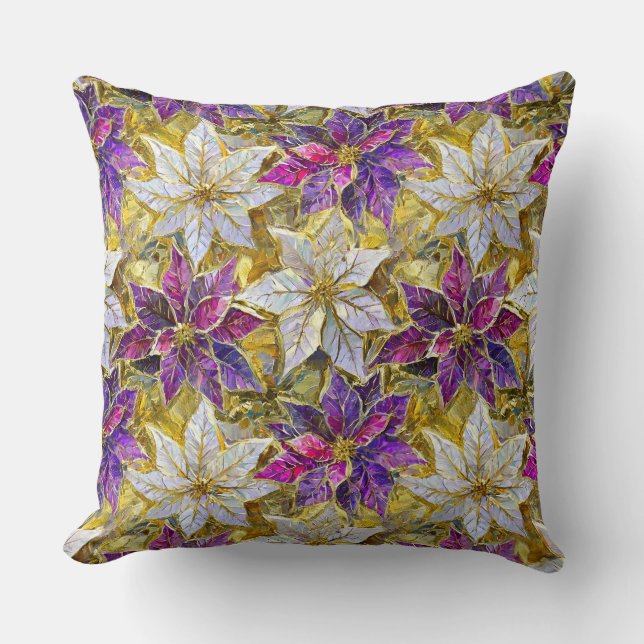 White Gold Purple Pink Christmas Poinsettias Cushion (Front)