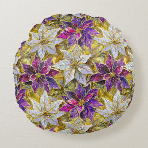 White Gold Purple Pink Christmas Poinsettias Round Cushion