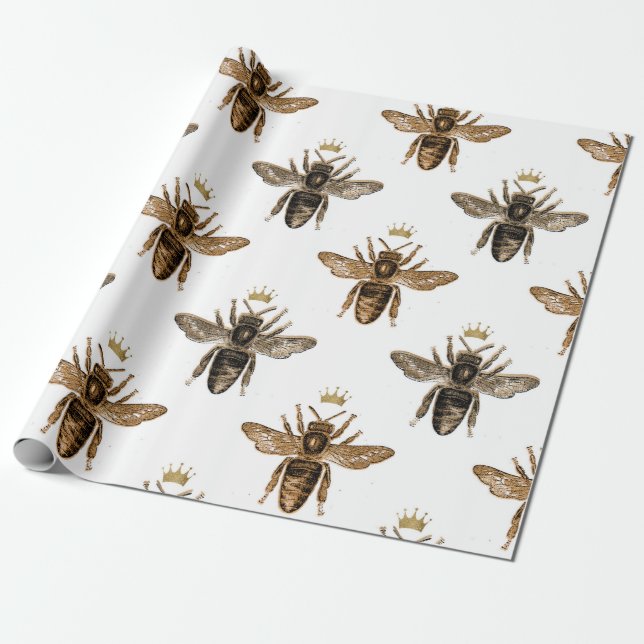 White & Gold Queen Bee Wrapping Paper (Unrolled)