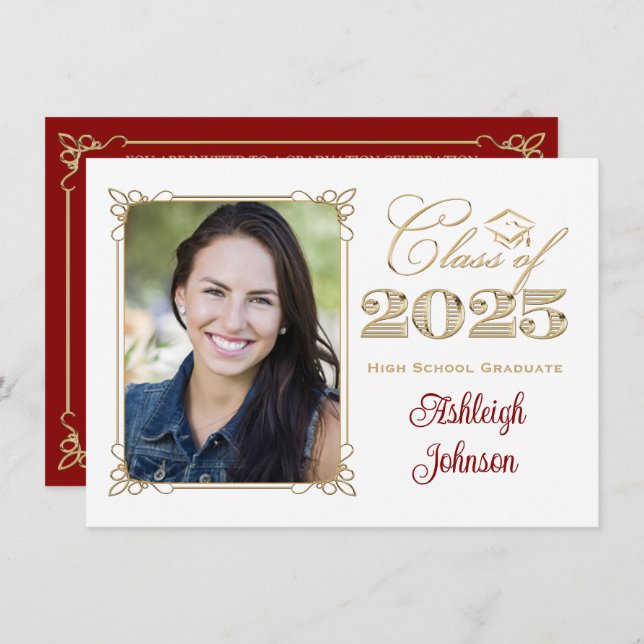 White, Gold, Red 2025 Photo Graduation Invite (Front/Back)