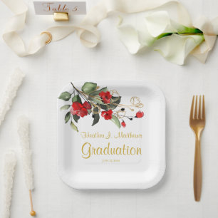 White & Gold Red Floral Graduation Party Paper Plate