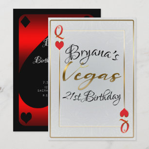 White Gold Red Queen of Hearts Vegas 21st Birthday Invitation
