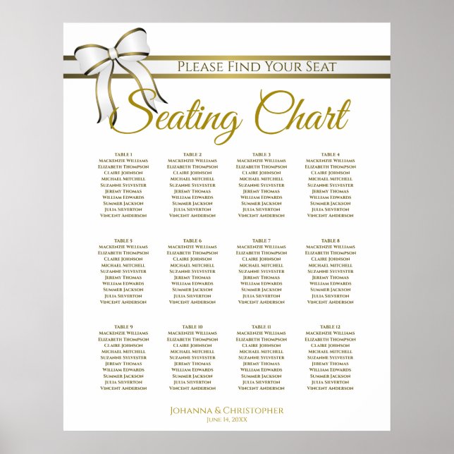 White & Gold Ribbon 12 Table Wedding Seating Chart (Front)