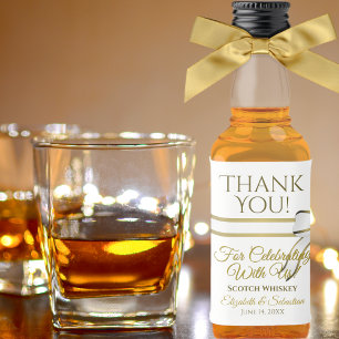 White & Gold Ribbon & Bow Wedding Thank You Mini Liquor Bottle Label