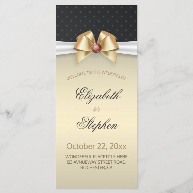 White & Gold Ribbon Red Diamond Wedding Program (Front)