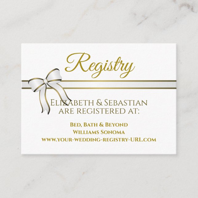 White & Gold Ribbon Wedding Registry Enclosure Card (Front)