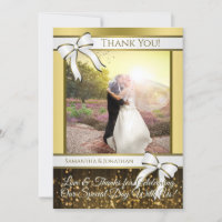 White & Gold Ribbon Wedding Thank You Photo Card