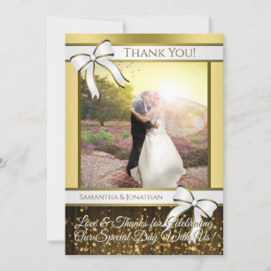 White & Gold Ribbon Wedding Thank You Photo Card