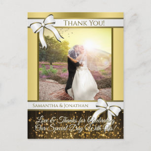 White & Gold Ribbon Wedding Thank You Postcard