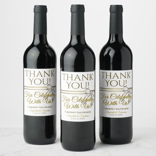 White & Gold Ribbon Wedding Thank You Wine Label (Bottles)