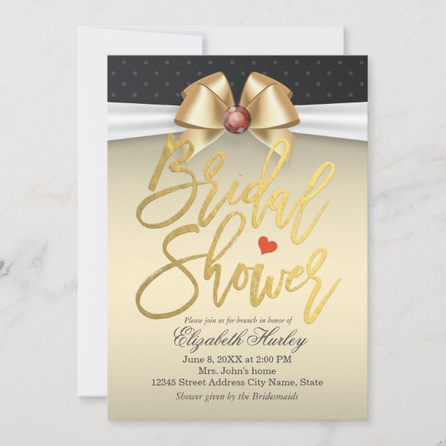 White & Gold Ribbon with Red Diamond Bridal Shower Invitation (Front)