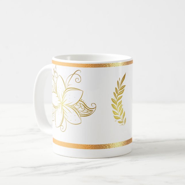 White Gold Rimmed Floral Coffee Mug (Front Left)