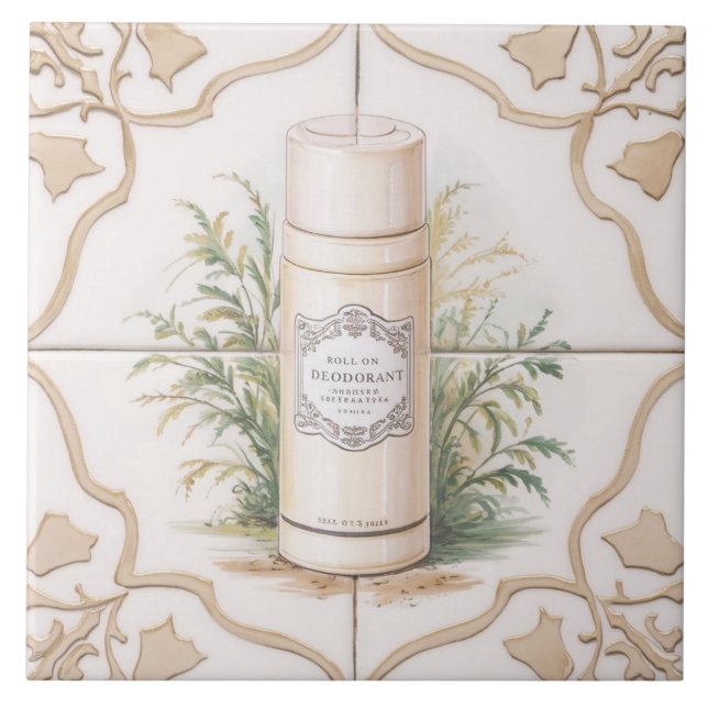 White & Gold Roll on Deodorant Funny Bathroom Ceramic Tile (Front)