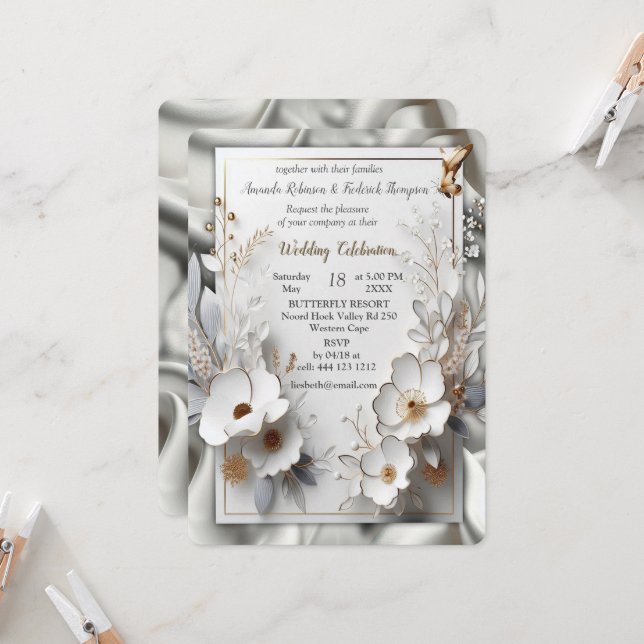 White Gold Roses, Champagne Silk & Butterflies Invitation (Front/Back In Situ)