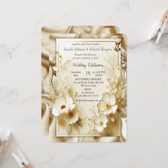 White Gold Roses, Champagne Silk & Butterflies Invitation (Front/Back In Situ)