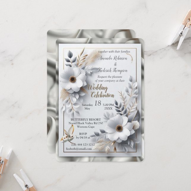 White Gold Roses, Champagne Silk & Butterflies Invitation (Front/Back In Situ)