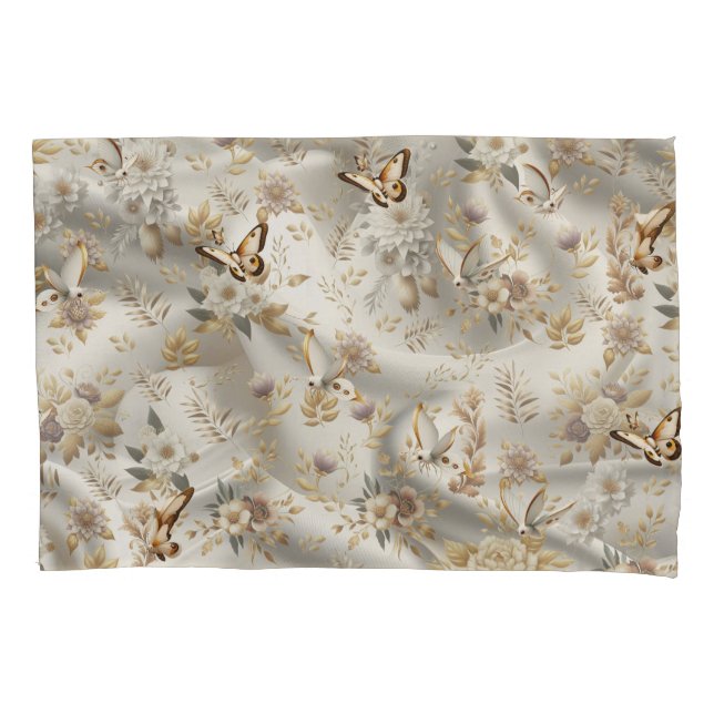 White Gold Roses, Champagne Silk & Butterflies Pillowcase (Front)