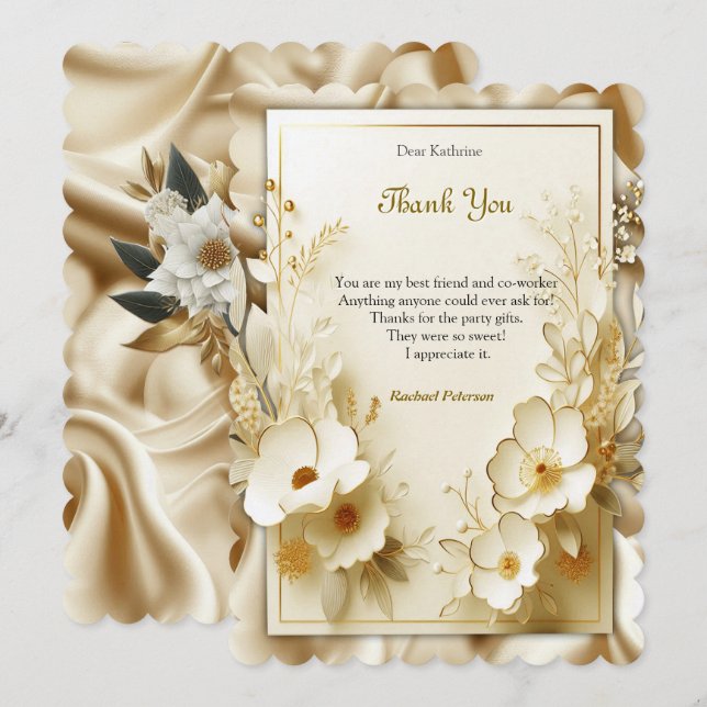 White Gold Roses, Champagne Silk & Butterflies Thank You Card (Front/Back)