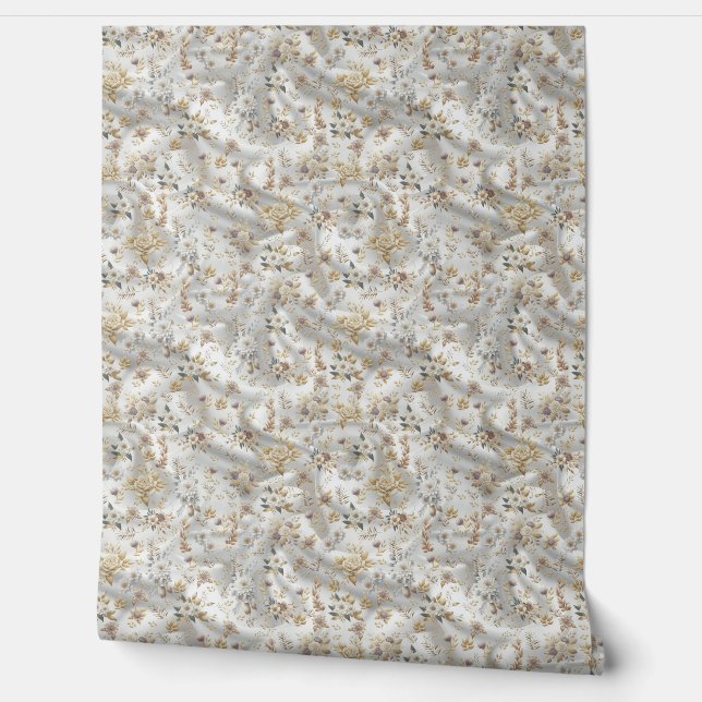 White Gold Roses, Champagne Silk & Butterflies Wallpaper (Unrolling)