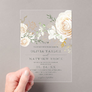 White Gold Roses Garden Wedding Acrylic Invitations