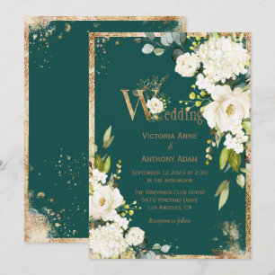 White Gold Rustic Floral Green Wedding Invitation