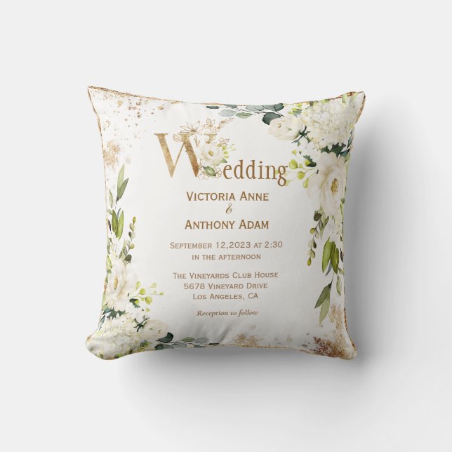 White Gold Rustic Floral Wedding Keepsake Cushion (Front)