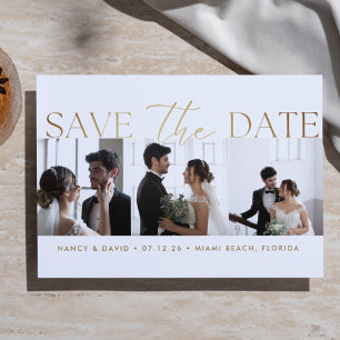White Gold Script 3 photo Collage wedding Save The Date