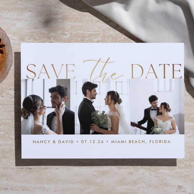 White Gold Script 3 photo Collage wedding  Save The Date (Creator Uploaded)