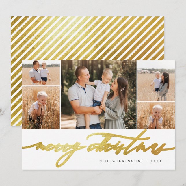 White Gold Script 5 Photo Collage Merry Christmas Holiday Card (Front/Back)