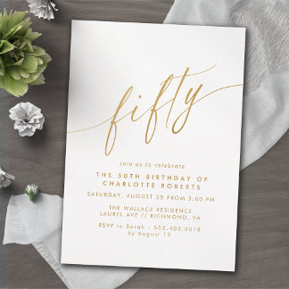 White & Gold Script | Delicate Luxe 50th Birthday Invitation