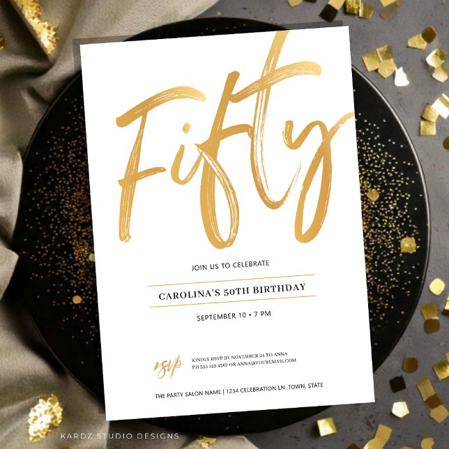 White Gold Script Fifty Birthday Invitation (Fifty birthday invitation is shown in a flat 5x7 card. Faux gold script calligraphy over white.)