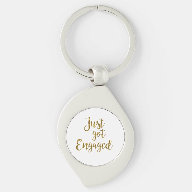 White & Gold Script Just got Engaged Key Ring (Front)