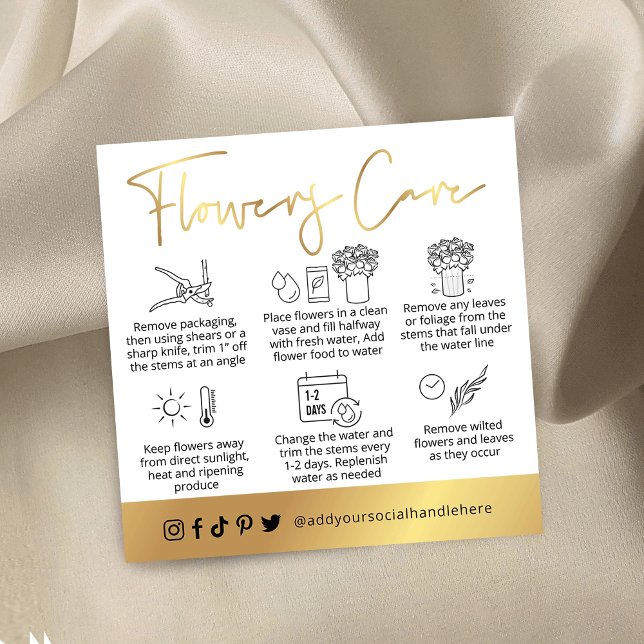 White & Gold Script Logo Fresh Flowers Care Guide Square Business Card (Creator Uploaded)