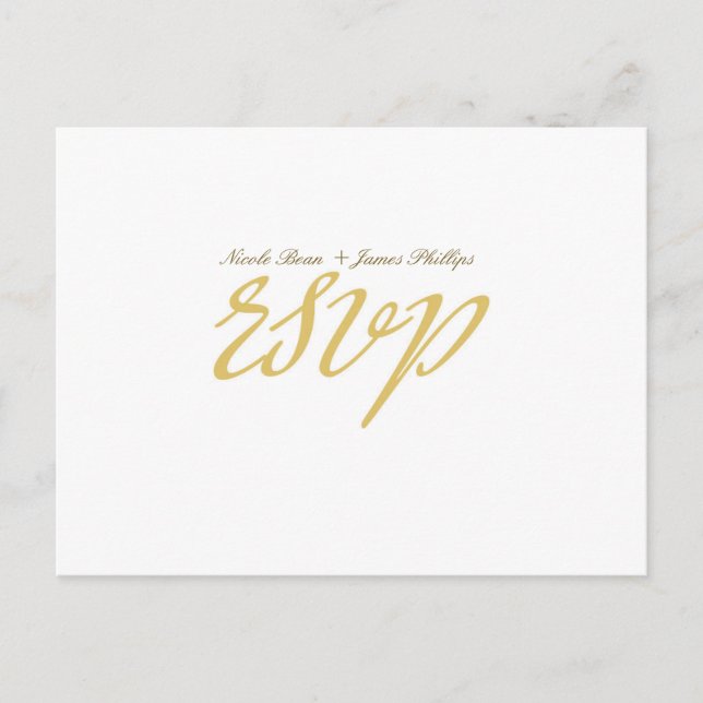 White & Gold Script Wedding RSVP Postcard (Front)