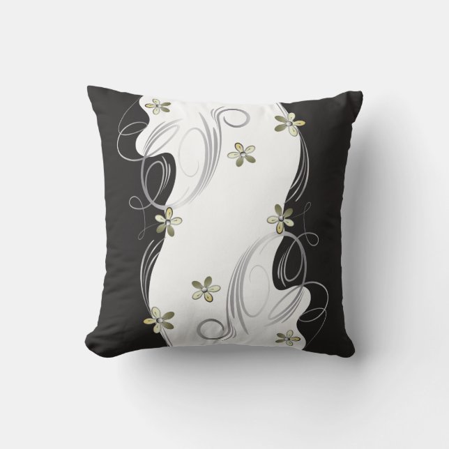 White, Gold, Silver, Black Floral Design Cushion (Front)