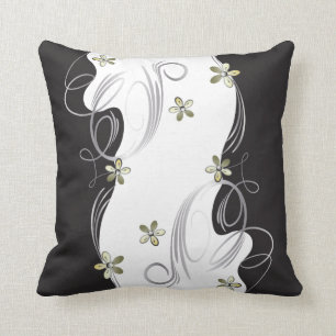 White, Gold, Silver, Black Floral Design Cushion